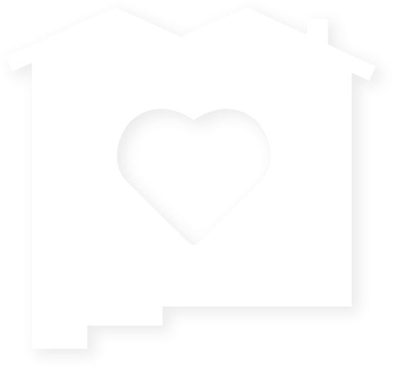 Decorative graphic of a house with a heart in the center and the outline is the shape of New Mexico state
