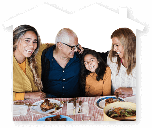 Decorative image of a smiling family at a dinner table